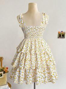 DreamSkyne Plus Size Charming White Floral Random Print Straps Mini Dress Tiered Layered A Line Sleeveless Boho Cute Kawaii Ruffle Hem Summer Dress Vacation - Multicolor - View 2