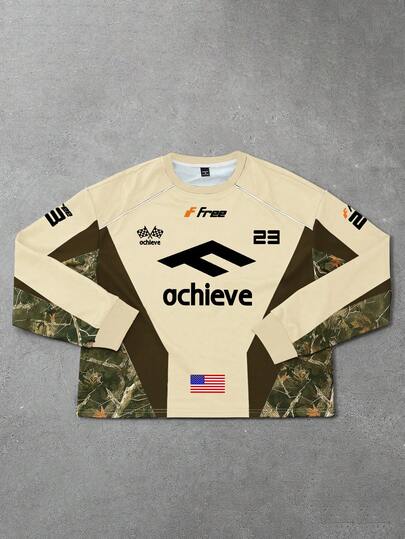 PAVTROS 1pc Men's Loose Fit Pullover Pullover Sweatshirt, Camouflage Racing Graphic, Contrast Color Design, Short Sweatshirt, Casual Daily Wear For Young Adults, Autumn/Winter, Great Gift Idea