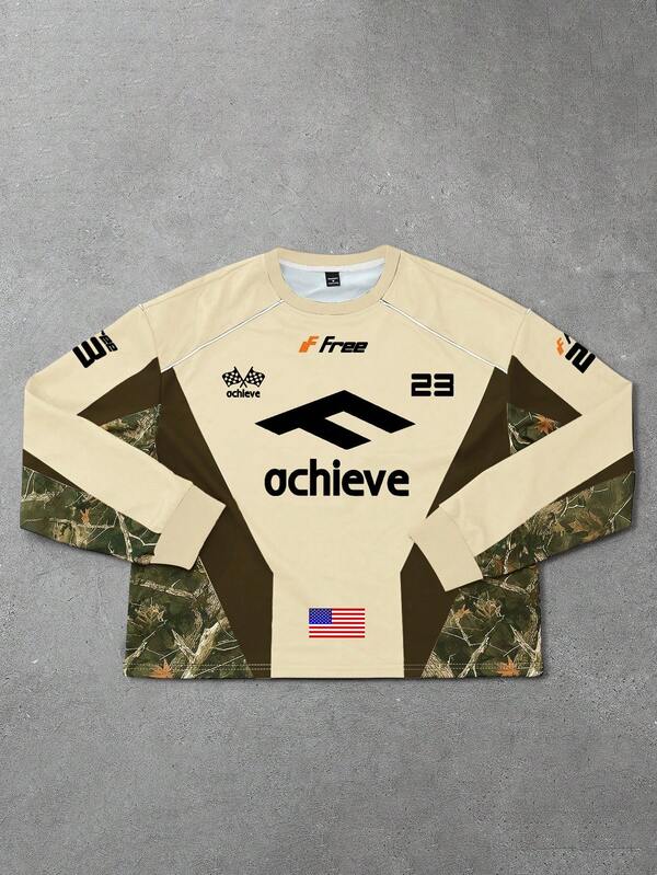 PAVTROS 1pc Men's Loose Fit Pullover Pullover Sweatshirt, Camouflage Racing Graphic, Contrast Color Design, Short Sweatshirt, Casual Daily Wear For Young Adults, Autumn/Winter, Great Gift Idea