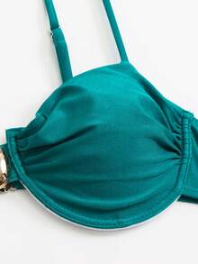 Swim Chiccia 春夏三件套：纯色钢圈可调节吊带上衣、高腰比基尼泳裤和网纱裙，女士优雅泳装套装，适合海滩度假 - 青碧色 - 查看 8