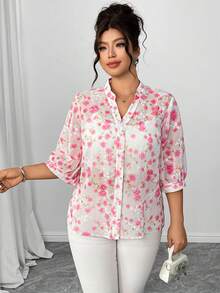 Elenzga Áo kiểu nữ cỡ lớn tay phồng cổ bẻ in họa tiết 3D, thanh lịch và lãng mạn, thích hợp cho hẹn hò, đi chơi, dự tiệc, trà chiều, du lịch thường ngày, màu hồng. - Nhiều màu - Xem 3