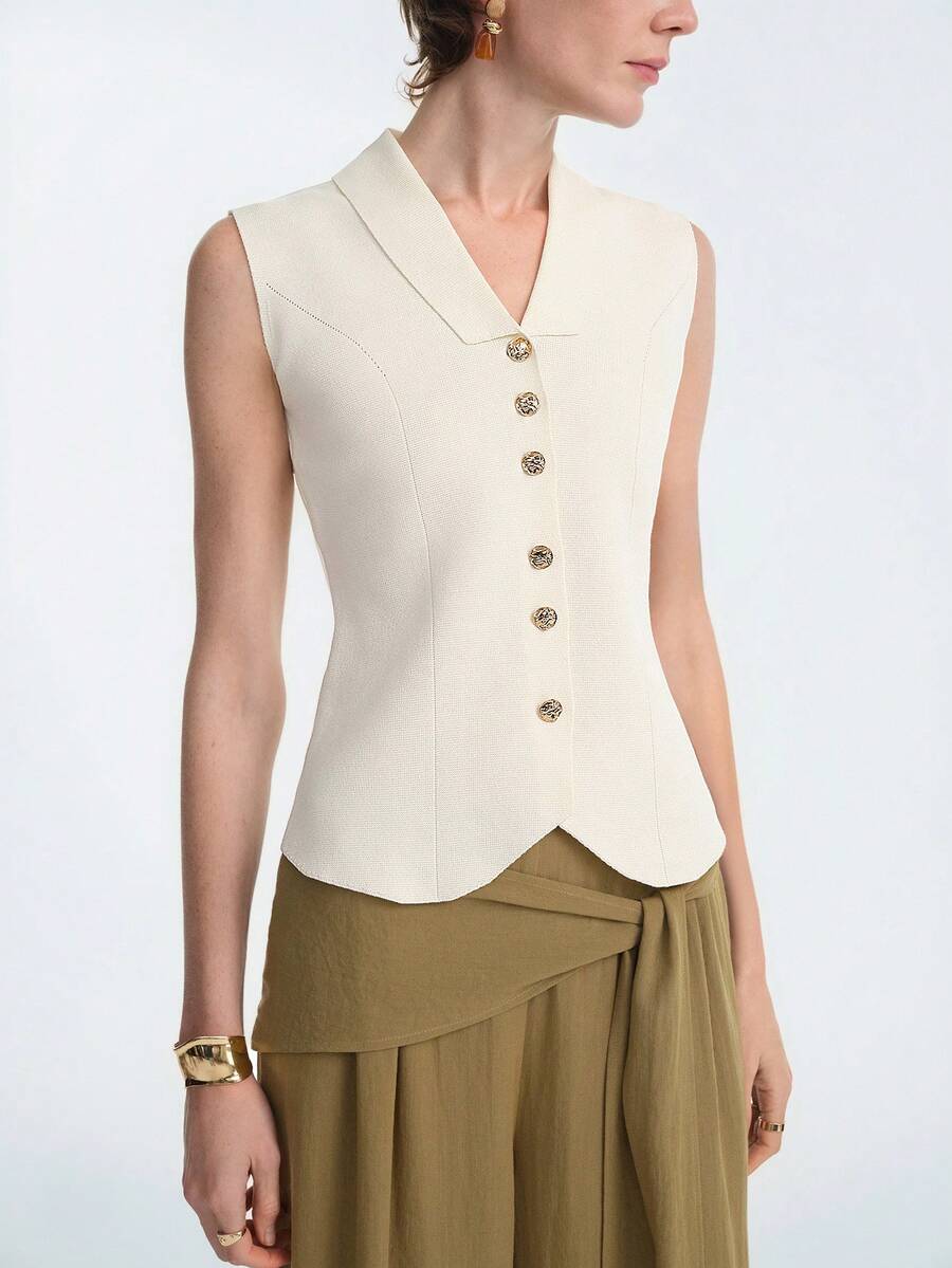 Aalyst 女士夏季针织无袖V领背心开衫，法式时尚休闲纽扣不对称下摆毛衣 - 白色 - 查看 1