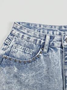 SHEIN EZwear 时尚串珠毛边女式牛仔短裤 - 淺色水洗藍 - 查看 4