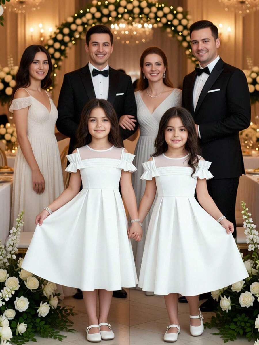 少女優雅長款公主禮服,白色夏季婚禮小伴娘緞面洋裝,網紗領口,正式教堂端莊派對長裙 - 白色 - 查看 1