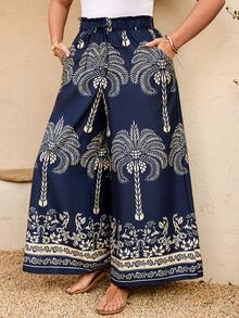 Breezaya Plus Size Women's Wide Leg Summer Beach Coconut Tree Print Pants - Blue and White - View 1