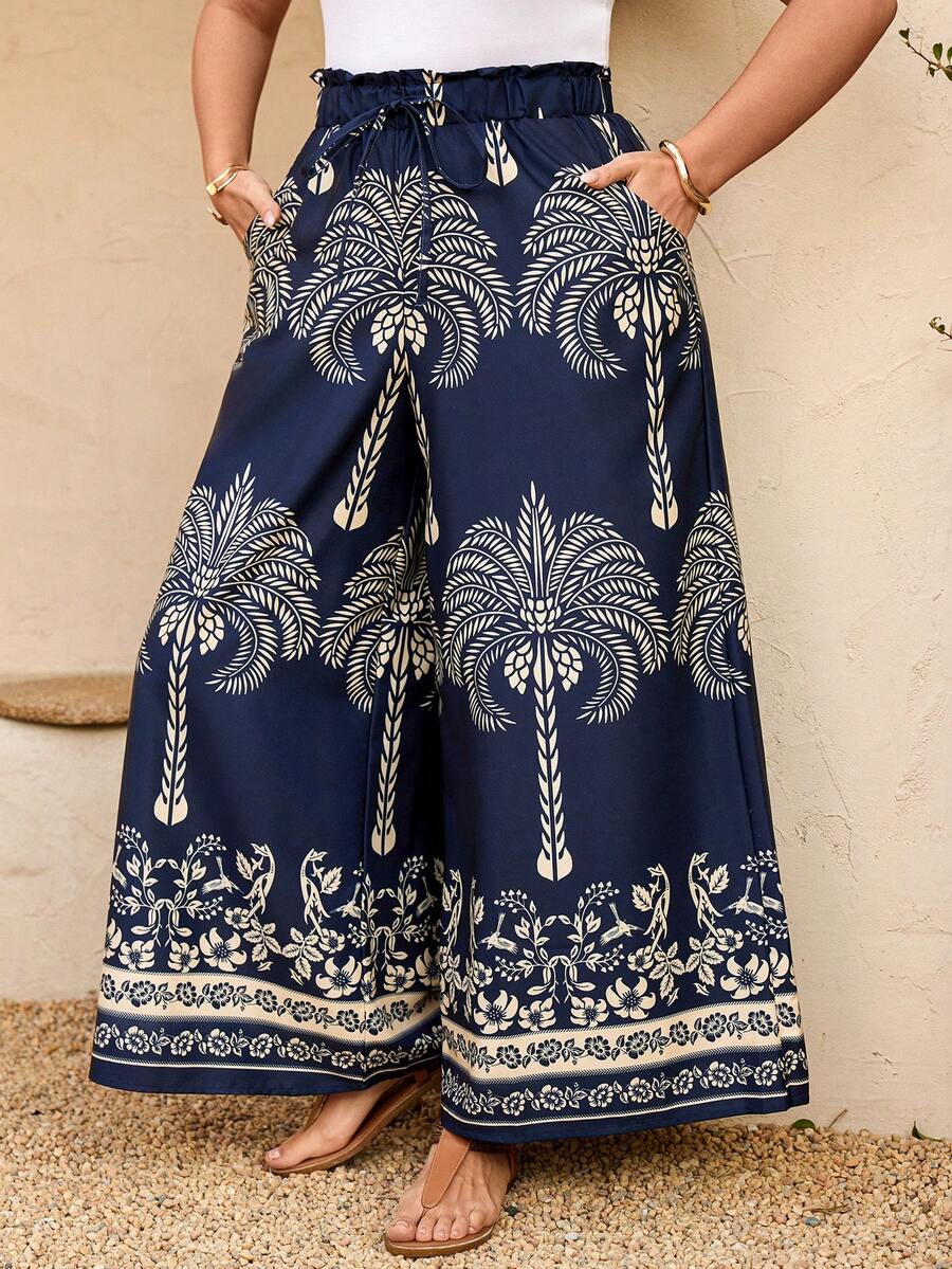 Breezaya Plus Size Women's Wide Leg Summer Beach Coconut Tree Print Pants - Blue and White - View 1
