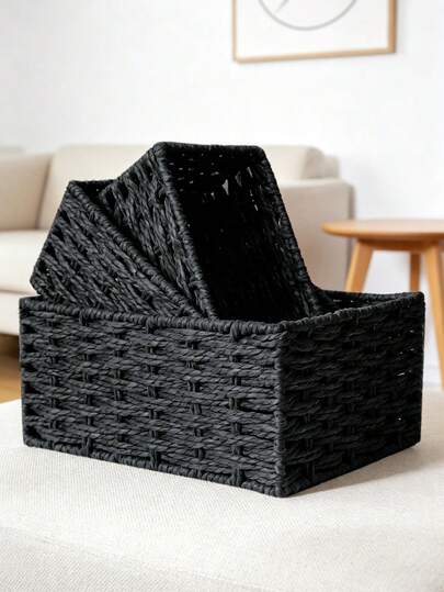 1 buc/3 buc (S+M+L) Coș de depozitare din ratan pentru birou, machiaj, chei, tavă pentru gustări, coș de depozitare țesut pentru sufragerie, organizator de birou lucrat manual pentru dormitor, sufragerie, studiu și birou, coș de decor pentru casă, cadou ideal (negru)