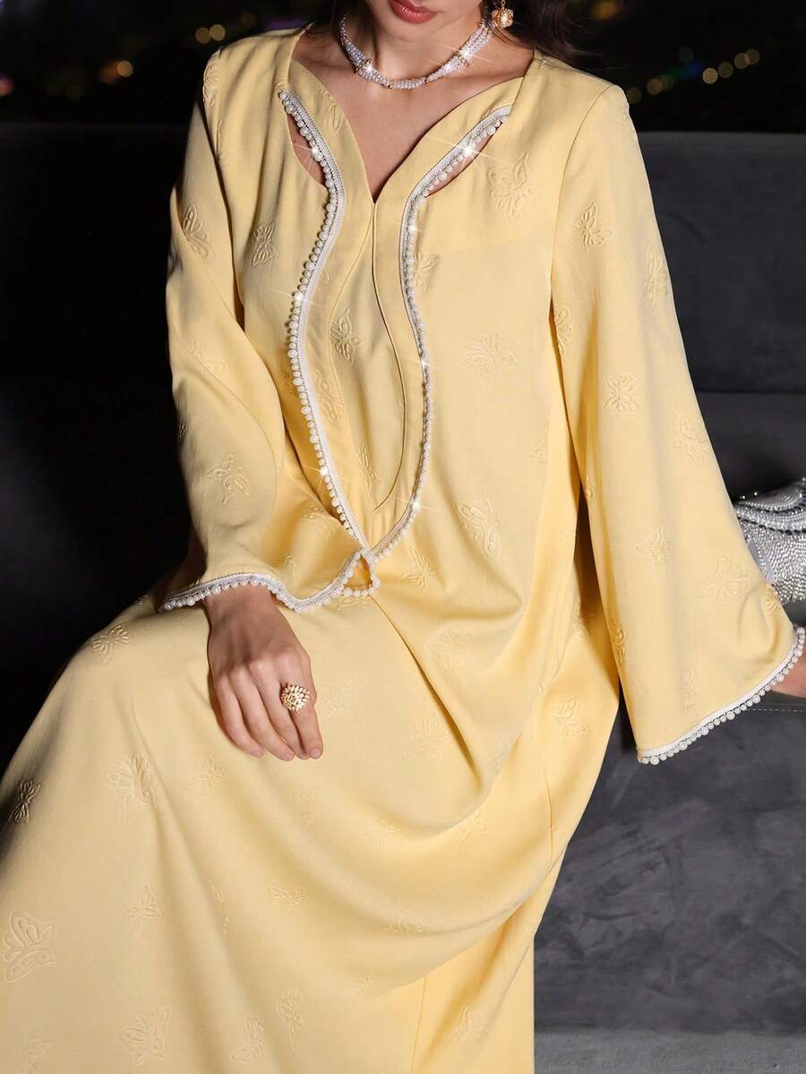 Al Najma 女士优雅休闲阿拉伯风格编织连衣裙，饰有珍珠缎带，长袖，黄色，春夏款 - 黃色 - 查看 1