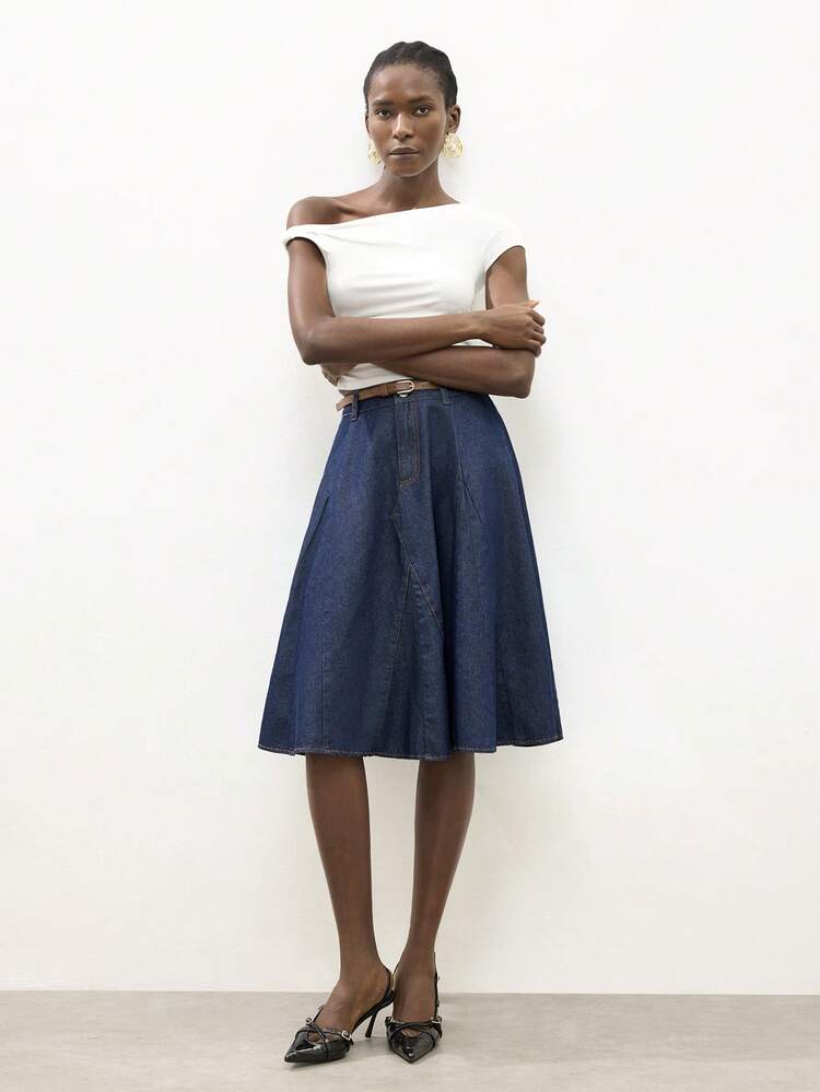 SHEIN Maija Women's Casual Commuter Denim Mini Skirt, Summer Skirt,Aw Denim Midi Skirt, Low-Waisted A-Line Skirt