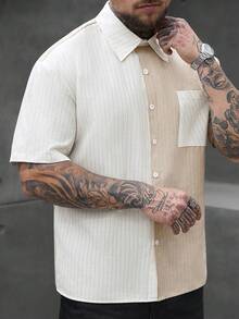 SLATEMANN 男士對比色前口袋休閒短袖襯衫，條紋紋理鈕扣開襟，夏季城市度假街頭風，老錢風海灘風 - 彩色 - 查看 4