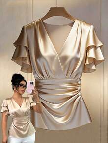 GlowEve New Shirred Double-Layer Ruffle Sleeve Woven Shiny Color Pleated Back Design Elegant Young Commuter Versatile Daily Women Shirt - Khaki - View 3