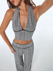 Sweetina Top sin espalda de mujer con cuello halter en V profunda y estampado de cuadros - Gris - Ver 5