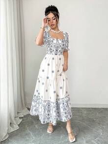 Elenzga Women's Printed Square Neck Waist Cinched A-Line Dress, Elegant For Vacation, Daily Commute, Short Sleeve - Multicolor - View 5