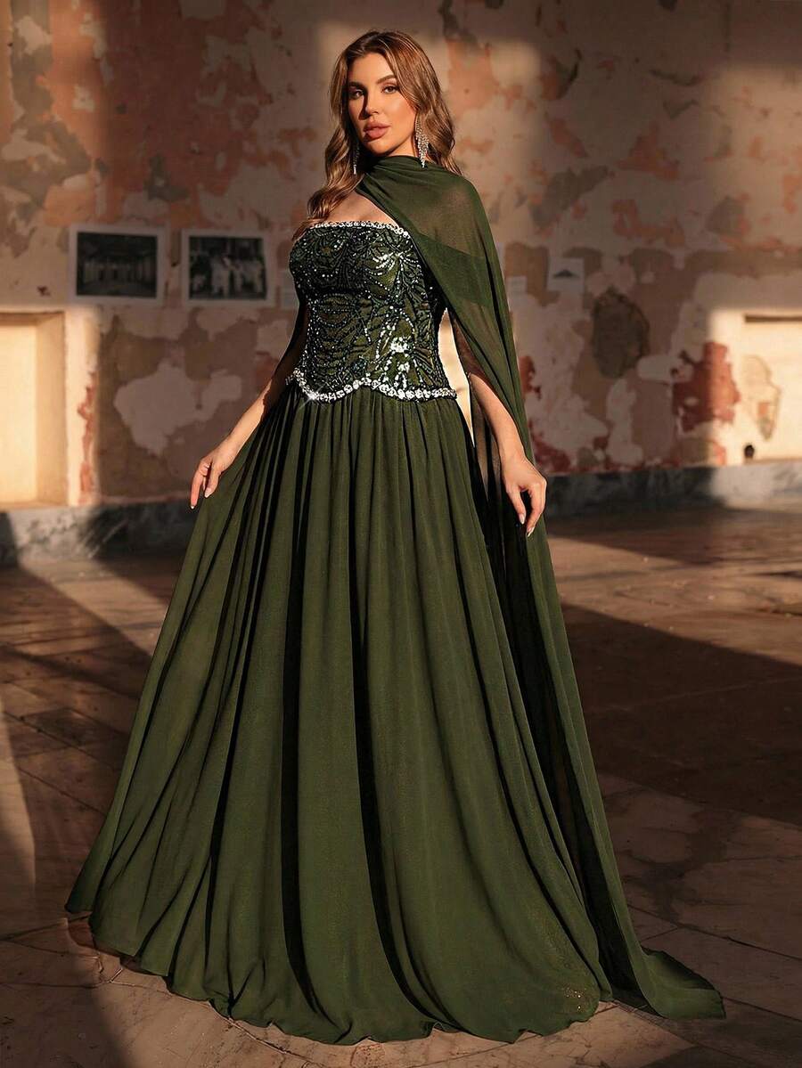 Aureia Vestido maxi de gasa con mangas abullonadas, parches con cuentas y lentejuelas en verde elegante y lujoso, adecuado para boda, fiesta, vacaciones, baile, vestido de noche (diseño muy recargado) - Verde - Ver 1