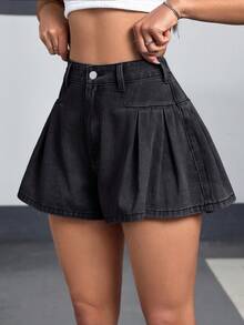 SHEIN EZwear Quần short denim dáng rộng, màu trơn, cài cúc phía trước, cỡ lớn. - màu đen - Xem 4