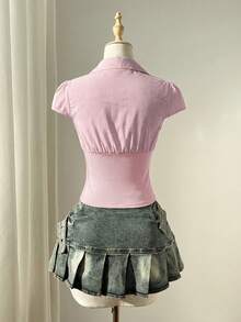 Elamini 女士黑白条纹拼接下摆纽扣领荷叶边短袖修身衬衫，性感复古欧美风 - 粉色 - 查看 2