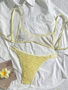 Swim Mod 夏季女士两件套沙滩装，纹理面料吊带露脐吊带上衣，后背交叉设计，搭配高腰比基尼泳裤，女童泳装 - 黃色 - 查看 2