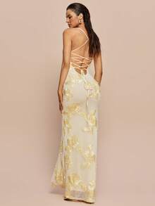 Olia Maree Olia Maree 女士杏色纹理花卉面料露背系带收腰休闲连衣裙，适合通勤、假日、度假 - 杏色 - 查看 5