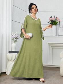 Al Najma Women's Elegant Floral Patchwork Water-Soluble Lace Arabic Style Dress - Green - View 5