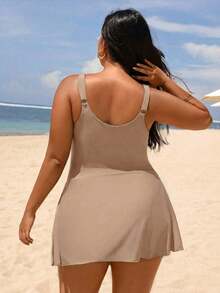 Swim Lushoire 大码女式纯色系带腰部连体泳衣 - 卡其色 - 查看 2