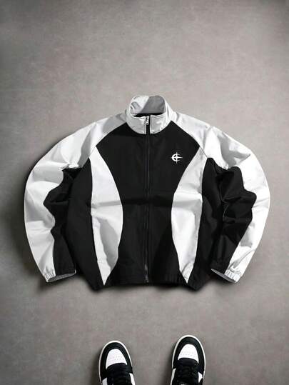 Manfinity EMRG 男士印花运动夹克，适合日常穿着、户外活动、健身、休闲、上学、聚会、音乐节等场合。可作为礼物送给朋友或男友。男士立领拉链夹克，拼接夹克，赛车夹克。