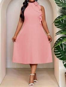 SHEIN Lady Plus Size Women's 3D Flower Ruffle Neckline Pink Midi Dress, Elegant, Loose, Boho, Spring/Summer - Dusty Pink - View 3
