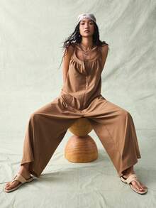 SoleilVie Deep Brown Textured Square Neck Sleeveless Front Button Loose Wide Leg Jumpsuit, Casual Chic Commuting Piece - Khaki - View 7