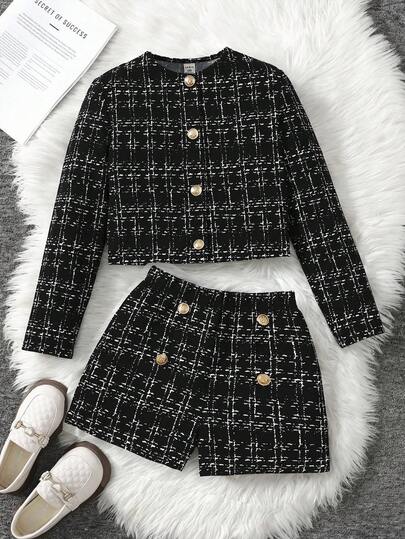 SHEIN Tween Girl 都市时尚长袖夹克和短裤套装