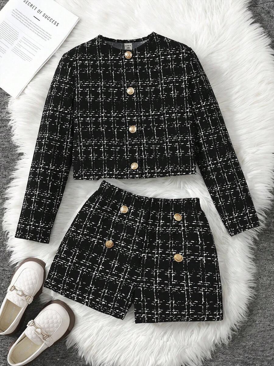 SHEIN Tween Girl 都市时尚长袖夹克和短裤套装 - 黑色 - 查看 1