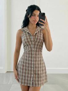 Sweetina Casual Plaid Polo Collar Ruched Waist Women Mini Dress - Multicolor - View 5