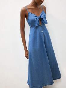 Maija Women's Summer Casual Lace-Up Hollow Out Strap Denim Dress - Light Wash - View 5