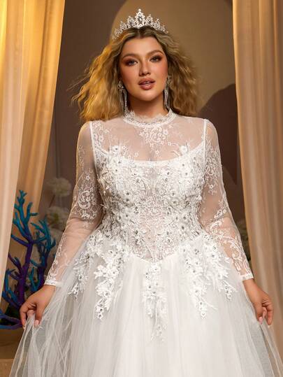 Glamrae 大码优雅奢华浪漫蕾丝拼接薄纱袖巴斯克腰部立体蓬蓬裙，大码婚纱