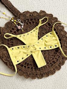 SHEIN Swim 2025新款女士纯色性感抹胸沙滩度假休闲性感泳装套装 - 黃色 - 查看 3