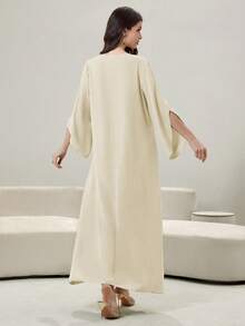 Yasmyna Farbblockpatchwork luxuriöses 3D-besticktes Applikationskleid mit V-Ausschnitt und Langarm, türkisches Maxikleid - Gelb - Übersicht 2