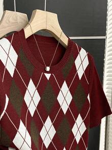 Franclia New Arrival Spring/Summer Retro College Style Colorblock Plaid Knit Pullover Sweater For Women - Burgundy - View 7
