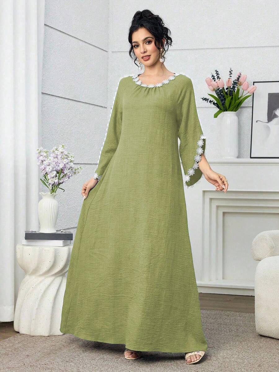 Al Najma Women's Elegant Floral Patchwork Water-Soluble Lace Arabic Style Dress - Green - View 1