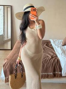 Franclia New Sexy Bikini, Casual Daily Beach Wear, Sleeveless Minimalist Knit Vacation Dress, Elegant Casual Style, Fishnet Texture, French Chic Sexy Girl, Bohemian Style, Versatile High-End Women Sweater Dress - Apricot - View 6