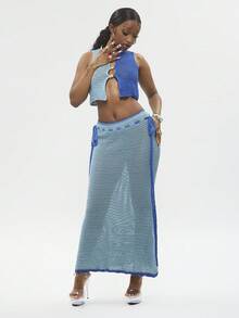 Modviera Women's Summer New Vacation Style High Waist Tie Knit Skirt - Blue - View 5