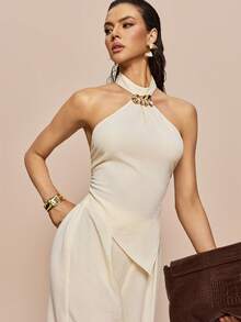 Olia Maree Apricot Textured Halter Neck Metallic Rhinestone Decor Blouse & Flowy Wide Leg Pants 2 Pieces Set Cream Summer Elegant Vacation Holiday - Apricot - View 5