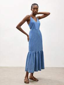 Maija 女士休闲系带露背吊带牛仔连衣裙，夏季 - 中等水洗藍 - 查看 8