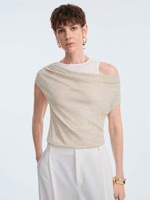 Aalyst 女士不对称领口撞色休闲T恤，优雅时尚，适合外出穿着，也适合新年、情人节、复活节、母亲节、中东婚礼、职场、浪漫假期和夏季穿着。 - 杏色 - 查看 6