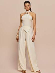 Olia Maree Apricot Textured Halter Neck Metallic Rhinestone Decor Blouse & Flowy Wide Leg Pants 2 Pieces Set Cream Summer Elegant Vacation Holiday - Apricot - View 4