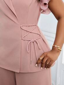 SHEIN Lady CURVE Bộ đồ nữ cỡ lớn màu trơn cổ ve lật thắt eo và quần ống rộng kiểu dáng thường ngày. - Hồng - Xem 7