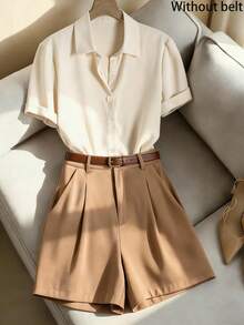Franclia 女士夏季休闲通勤简约短袖衬衫和褶皱短裤套装（2件套），不含腰带 - 杏色 - 查看 1