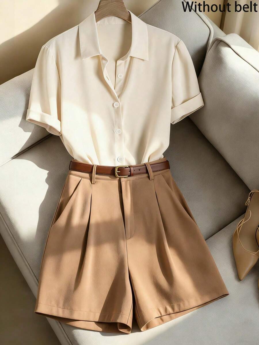 Franclia 女士夏季休闲通勤简约短袖衬衫和褶皱短裤套装（2件套），不含腰带 - 杏色 - 查看 1