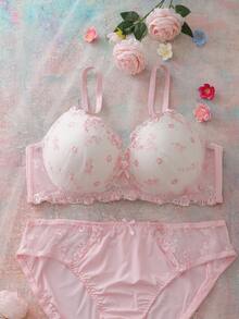 Elorette 2pcs Set Bra Balconette Nyaman dengan Kawat Penyangga dan Bantalan, Motif Bunga Bordir, 3/4 Cup, Lucu, Segar, Romantis, Punggung Terbuka, Dekorasi Pita, Set Pakaian Dalam Ukuran Besar - Berwarna merah muda - View 7