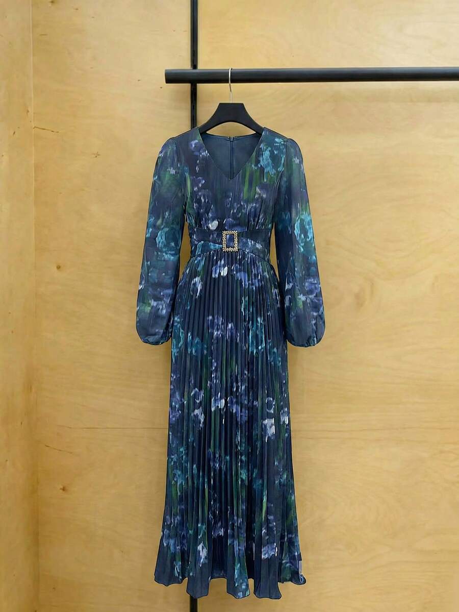 Arave Đầm maxi dài tay cổ chữ V nhuộm màu tie-dye đính đá và cúc kim loại, kiểu dáng thanh lịch, thắt eo, thích hợp cho kỳ nghỉ và tiệc tùng. - Nhiều màu - Xem 1