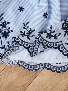 女婴休闲可爱刺绣荷叶边吊带连衣裙，适合日常外出穿着 - 藍色 - 查看 9