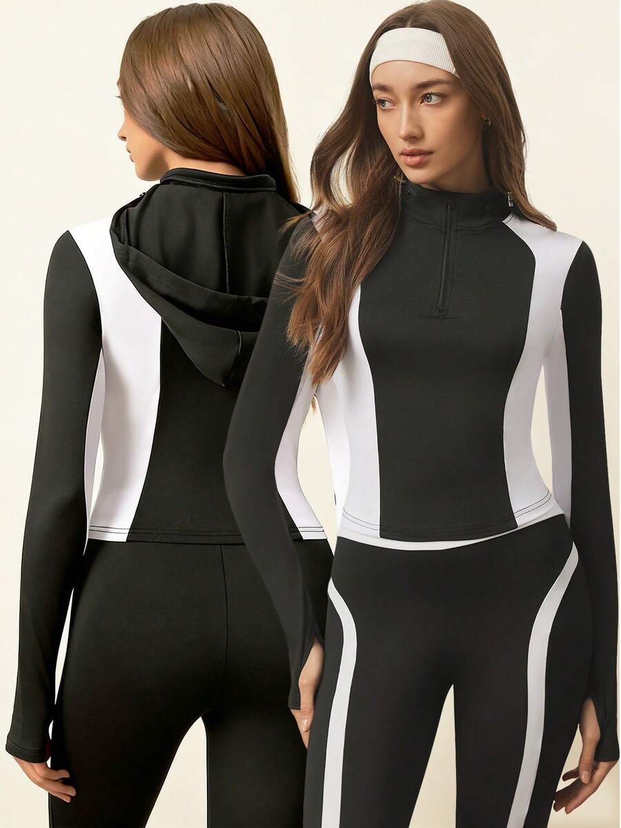With My Calm With My Calm Damen Farbblock Reißverschluss Halb-Plakette Kapuzen Lässig Vielseitig Alltags Pendler Sport Sweatshirt - Schwarz und Weiss - Übersicht 1