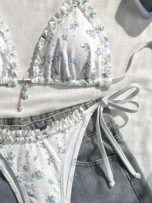Swim Mod Conjunto de biquíni de duas peças para adolescentes, com top frente única com babados e amarração lateral. - Multicolorido - Ver 5